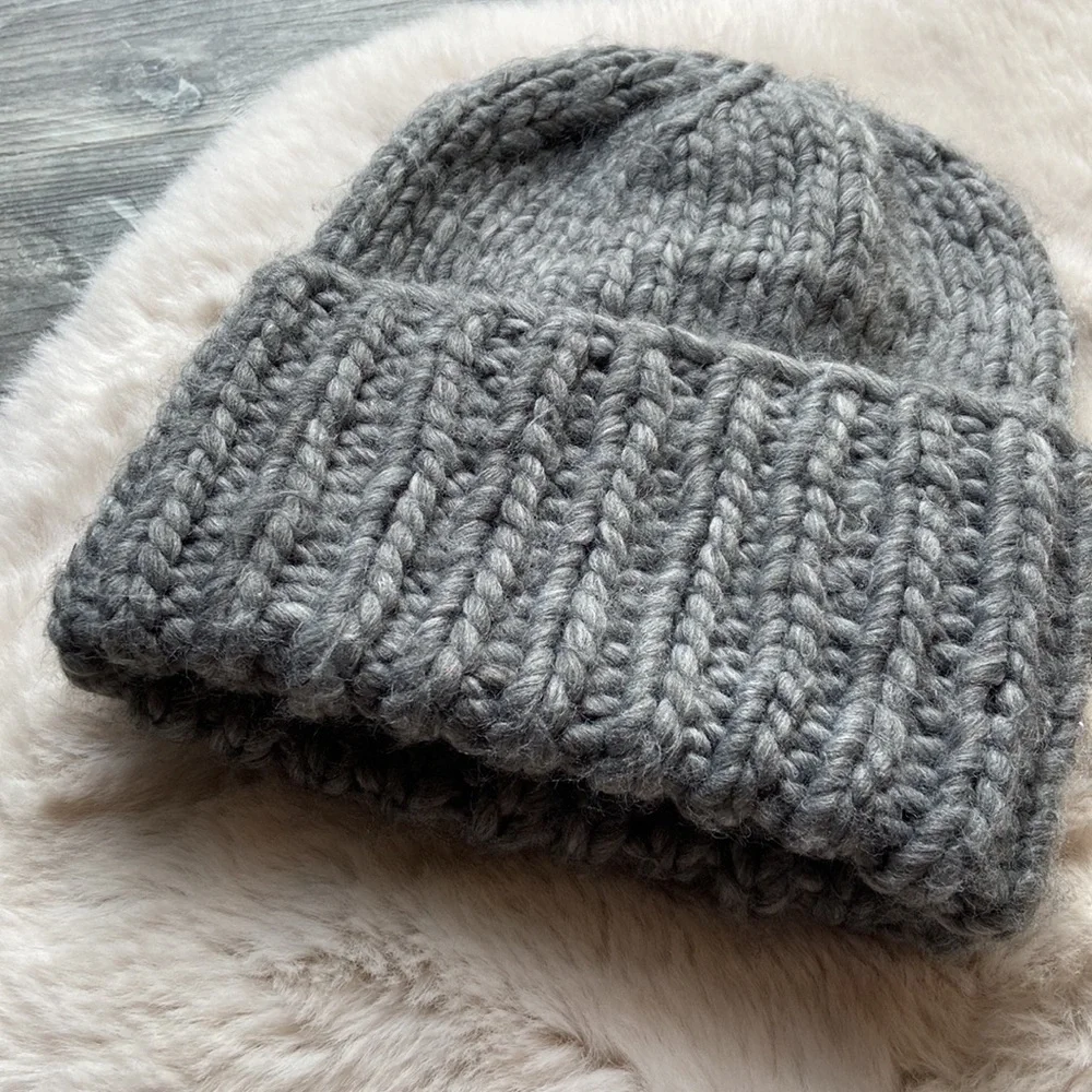 Grey beanie chunky braided knit wide fold over winter hat accessories OSFM
